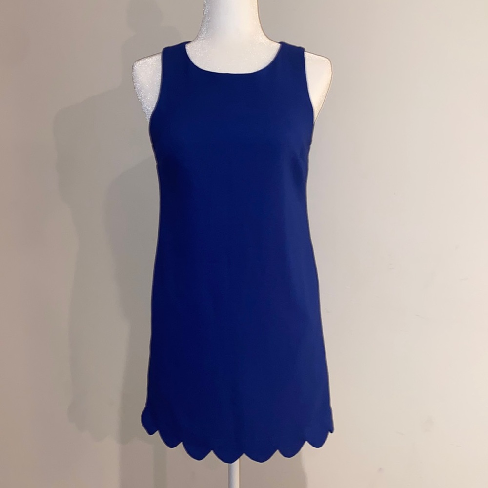 Royal Blue Shift Mini Dress with Scalloped Detailed Bottom by Monteau, Small